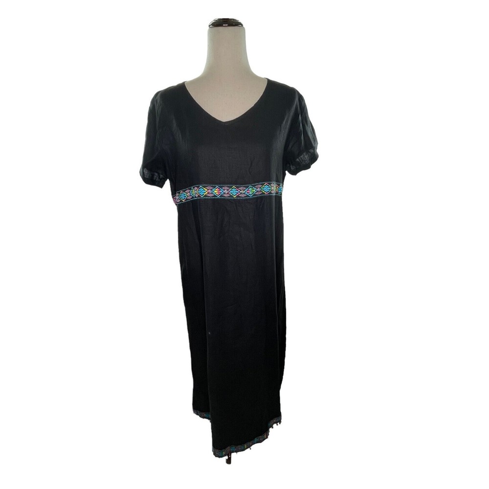 Vintage Black Linen Dress Sz S Beaded Navajo Embroidered Ribbon Trimmed Maxi